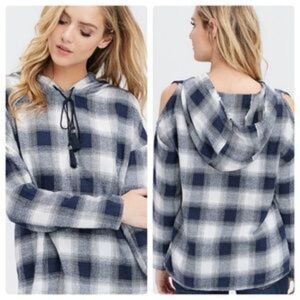 Cold shoulder plaid hooded top